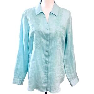 Charter‎ Club Womens L Blue Embroidered Beaded 100% Linen Button Front Shirt